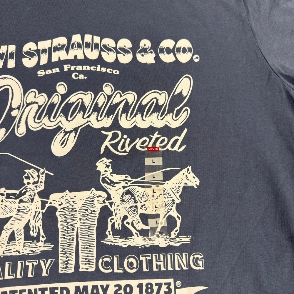 Levis Graphic T-Shirt Mens Large Blue Original Riveted Two Horse Logo‎ Tee